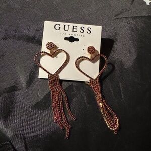 NWT Guess Gold & Red Heart Rhinestone Earrings